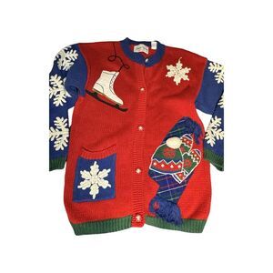 VTG Sharon Young Christmas Sweater Cardigan Womens Small Cotton Blend Red